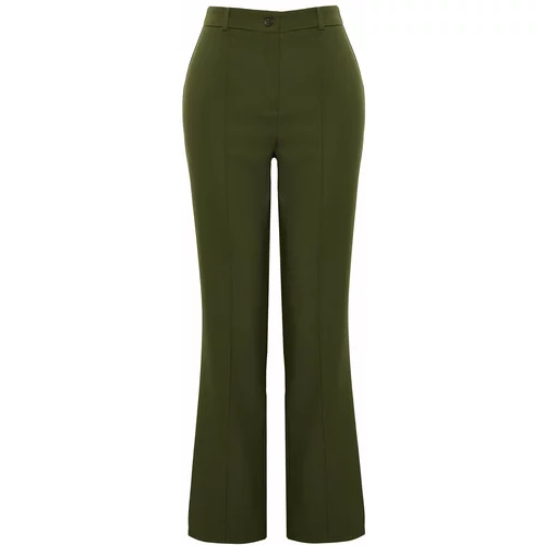 Trendyol Khaki Straight/Straight Fit High Waist Ribbed Stitched Woven Trousers
