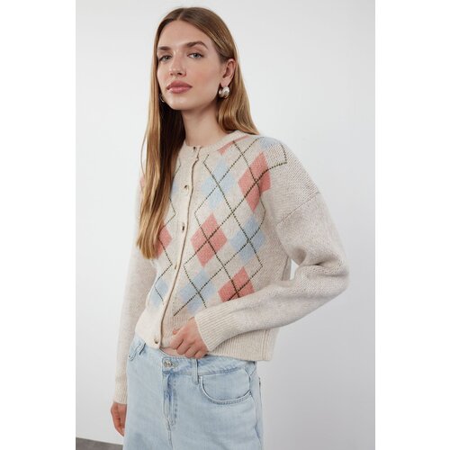 Trendyol Stone Soft Textured Diamond Patterned Jacket-Looking Knitwear Cardigan Slike
