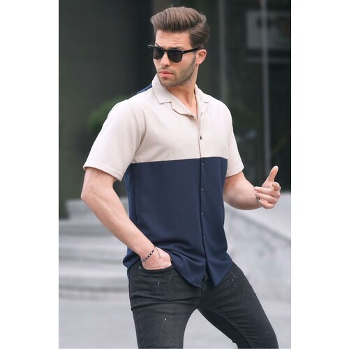 Madmext Men's Navy Blue Short Sleeve Shirt 6707 Slike