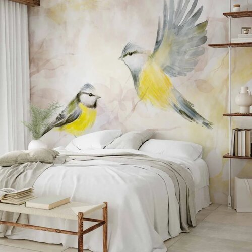  Foto tapeta - Painted tits - bird motif with patterns in yellow and beige tones 441x315 Samoljepljiva Cene