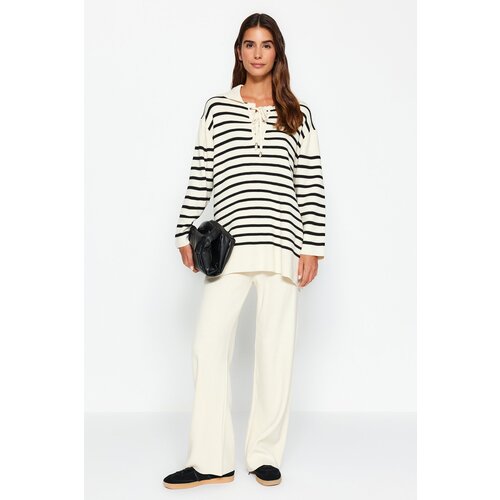 Trendyol Beige Striped Collar Tie Detail Sweater-Trousers Knitwear Two Piece Set Slike