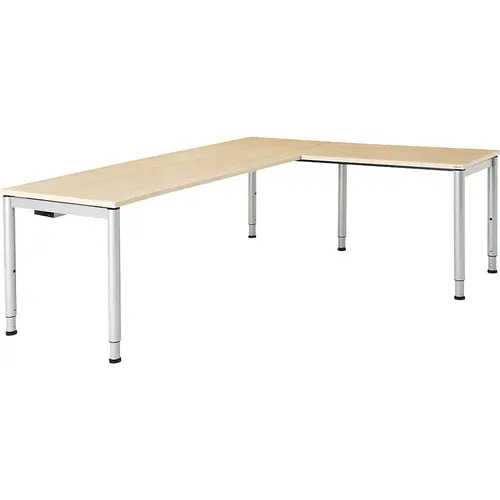 mauser Pisalna miza, s priklučkom, noge iz okrogle cevi, VxŠxG 650 - 850 x 2000 x 800 mm, kotni element na desni strani, plošča v imitaciji javorja, o
