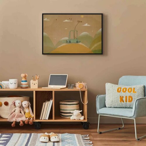  Slika - Dreamy Traveler - A Cheerful Giraffe Driving a Car on a Sunny Day 60x40 U crnom drvenom okviru Slike