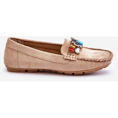 Kesi Women&amp;#039;s suede moccasins with crystals Beige Lucille Slike