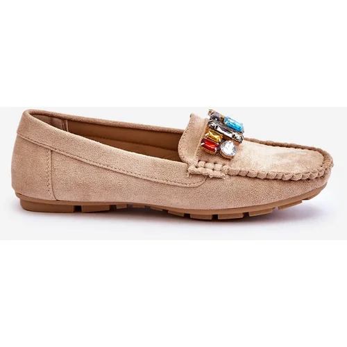 Kesi Women's suede moccasins with crystals Beige Lucille