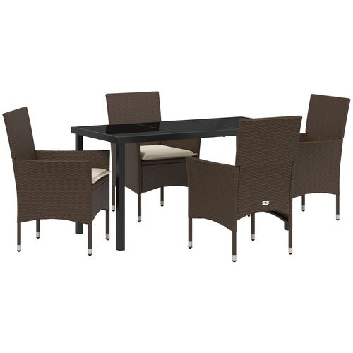 VidaXL 5 komadni set vrtne blagovaonice s jastučićima smeđi poli ratan, vrtni stol crni 140x80x73 cm kaljeno staklo Slike