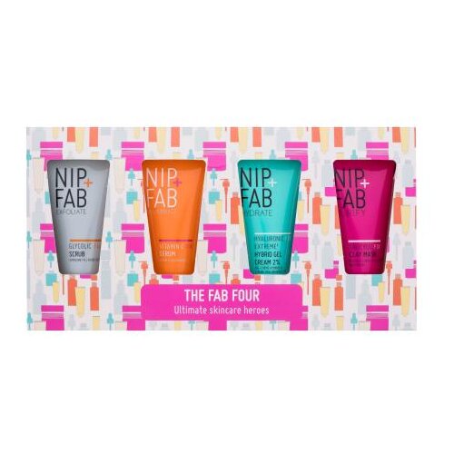 NIP+FAB The Fab Four Ultimate Skincare Heroes set: piling za obraz Exfoliate Glycolic Fix Scrub 20 ml + serum za obraz Illuminate Vitamin C Fix Serum 20 ml + gel krema za obraz Hydrate Hyaluronic Fix Extreme Hybrid Gel Cream 2% 20 ml + maska za obraz Purify Salicylic Fix Clay Mask 20 ml za ženske Cene