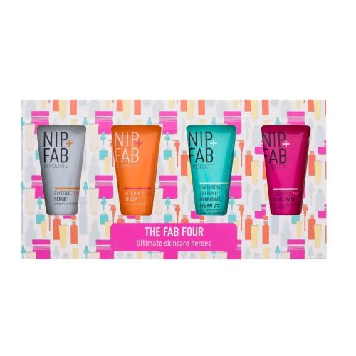 NIP+FAB The Fab Four Ultimate Skincare Heroes set: piling za obraz Exfoliate Glycolic Fix Scrub 20 ml + serum za obraz Illuminate Vitamin C Fix Serum 20 ml + gel krema za obraz Hydrate Hyaluronic Fix Extreme Hybrid Gel Cream 2% 20 ml + maska za obraz Purify Salicylic Fix Clay Mask 20 ml za ženske