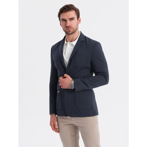 Ombre Men's SLIM knit jacket with subtle texture - navy blue Cene