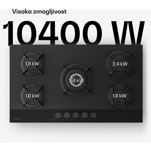 Klarstein Plinska ploča za kuhanje Velaire, 5 plamenika s električnim paljenjem, kompatibilna s prirodnim plinom i ukapljenim naftnim plinom, 10400 W, 90 cm Slike