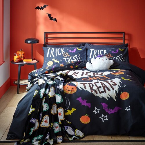 Catherine Lansfield Crna posteljina za bračni krevet 200x200 cm Halloween Trick or Treat &amp;ndash; Slike