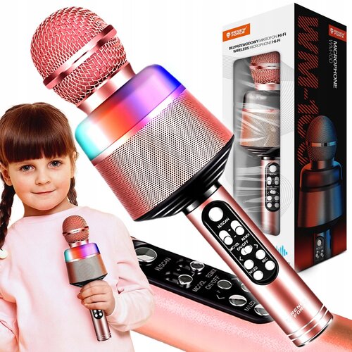  USB aku. 1200mAh bluetooth SD karaoke mikrofon z zvočnikom RGB LED roza Slike
