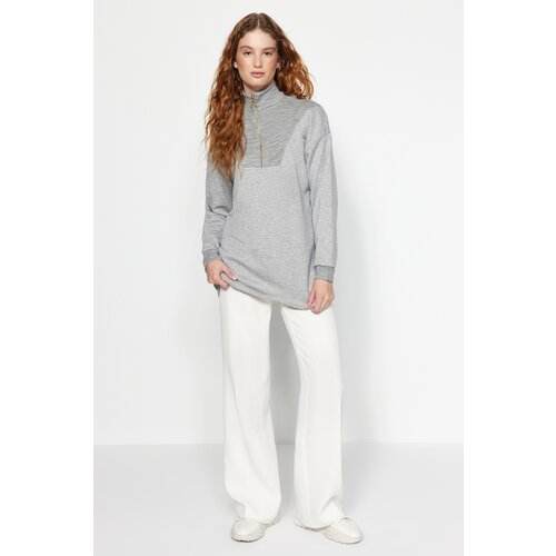 Trendyol Gray Melange Sleeves and Collar Detail, Zippered Knitted Sweatshirt Slike