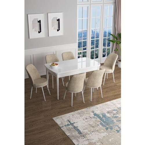 Hanah home Han - White, Cream WhiteCream Extendable Dining Table & Chairs Set (7 Pieces) Cene