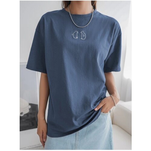 Know Women&amp;#039;s Indigo Blue Penguin Print Oversized T-shirt Slike
