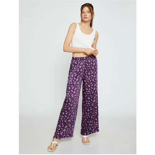 Koton Wide Leg Trousers with Satin Flowers. Elastic Waist, Pockets.