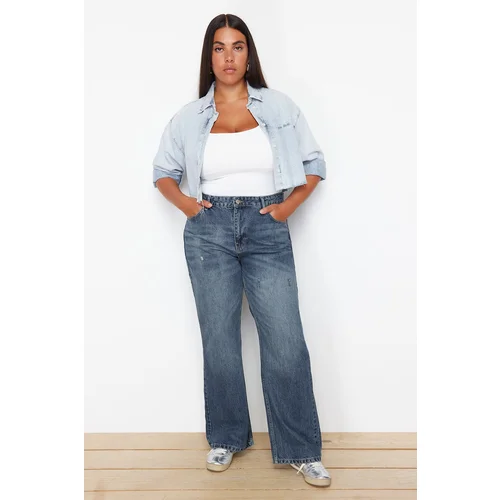 Trendyol Curve Blue Ripped High Waist Wide Leg Jeans