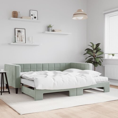 VidaXL Izvlečna dnevna postelja z vzmetnico sv. siva 90x200 cm blago Slike