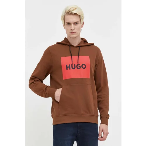 Hugo Bombažen pulover moška, rjava barva, s kapuco