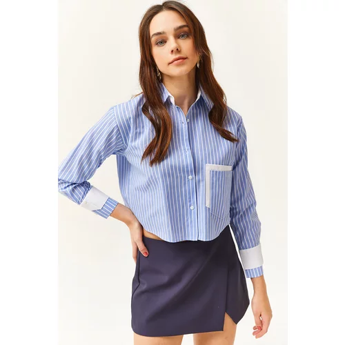 Olalook Women's Blue White Pocket and Cuff Detail Striped Crop Shirt