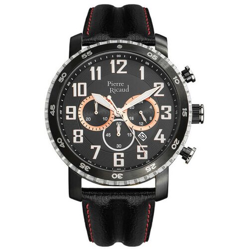 Pierre Ricaud muški chronograph crni sportski ručni sat sa crveno crnim kožnim kaišem Cene