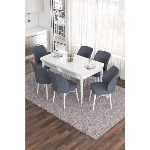Hanah home Eva - White, Fume WhiteFume Extendable Dining Table & Chairs Set (7 Pieces) Cene