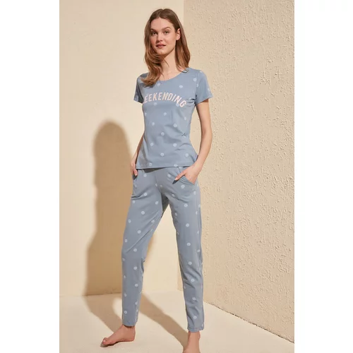 Trendyol Blue Polka Dot Knitted Pajamas Set