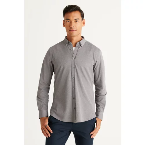 ALTINYILDIZ CLASSICS Men's Gray Slim Fit Slim Fit Button Down Collar Pique Pattern Knitted Shirt.