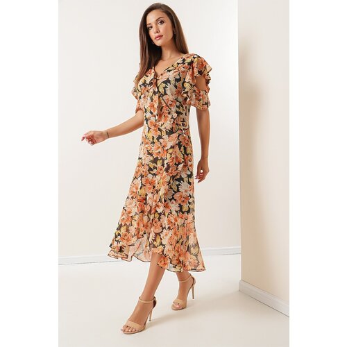 By Saygı Zinc Alloy Patterned Chiffon Lined Hazan Patterned Dress Black Slike