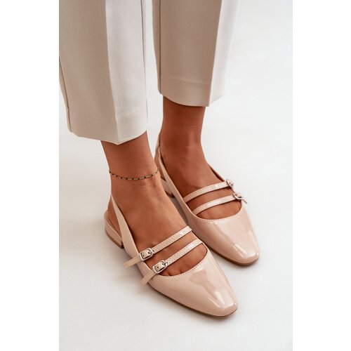 FD1 Lacquered Ballet Flats With Straps On Low Heel Beige Bialettia Slike