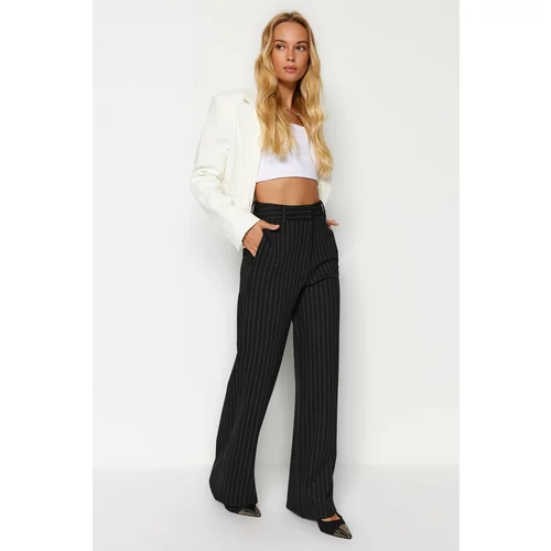 Trendyol Black Belt Detailed Striped Straight Fit High Waist Knitted Trousers