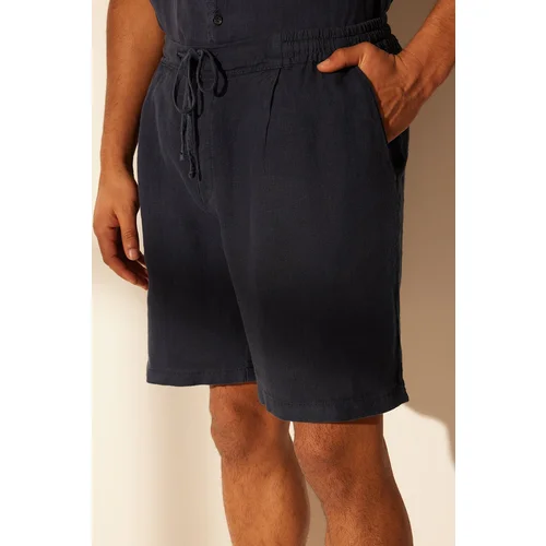 Trendyol Navy Blue Limited Edition 100% Linen Regular Fit Elastic Waist Shorts