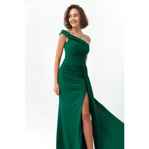 Lafaba Women's Emerald Green One-Shoulder Long Evening Dress with Stones. Cene