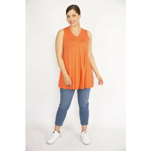 Şans Women's Orange Plus Size V-Neck A Pleat Front Blouse