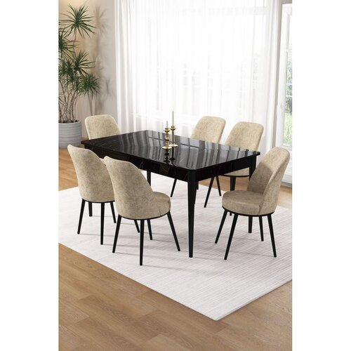 Hanah home trpezarijski set Pir, sto i 6 stolica, ploča u dekoru crnog mermera, krem tkanina Babyface Cene