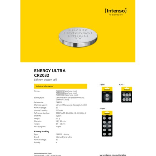 Intenso Baterija litijeva, CR2032/6, 3 V, gumbasta, blister 6 kos Slike