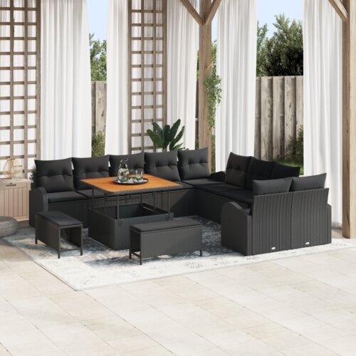 VidaXL 13 dijelni vrtni sofa set s jastučićima crni poli ratan akacija, sofa za 2 osobe s prostorom za odlaganje i jastučićima crni poli ratan, 3 dijelni vrtni set za objedovanje s jastučićima crni poli ratan akacija Slike