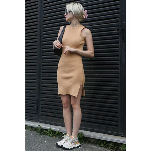 Madmext Beige Zero Sleeve Mini Basic Dress