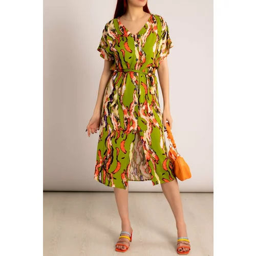 armonika Women's Oil Green Patterned Belted Dress with Buttons in the Front