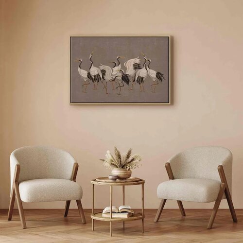  Slika - Crane dance &amp;ndash; bright silhouettes of birds against a warm grey background with texture 60x40 U prirodnom drvenom okviru Slike