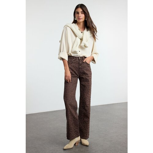 Trendyol Brown Suede Look Leopard Patterned High Waist Wide Leg Jeans Slike