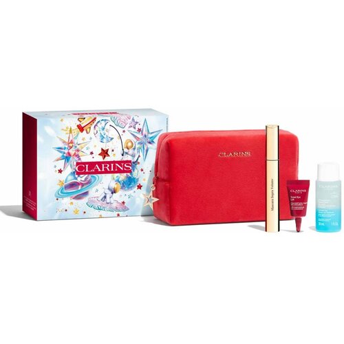 Clarins All About Eyes set: maskara Supra Volume 8 ml + odstranjevalec ličil Instant Eye Make-Up Remover 30 ml + krema za okoli oči Total Eye Lift 3 ml + kozmetična torbica odtenek 01 Intense Black Cene