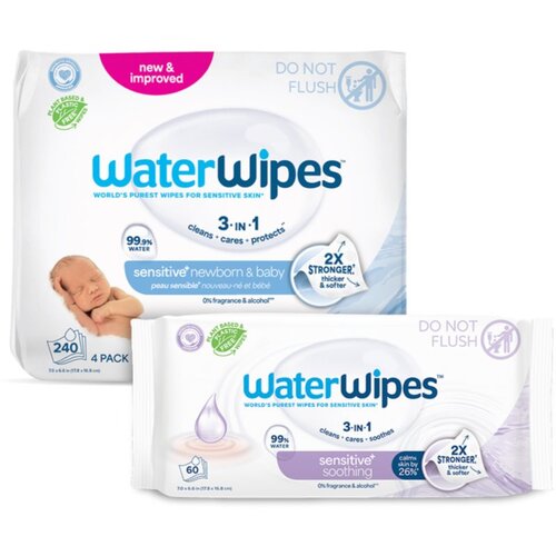 Water Wipes Sensitive (4x60 ks) + Soothing Clean (1x60 ks) vlažne maramice 300 kom Slike