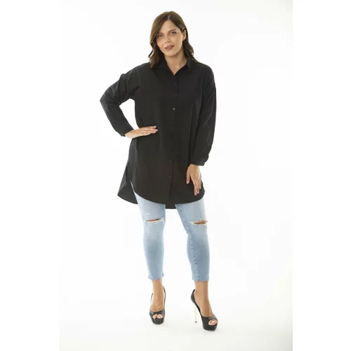 Şans Women's Plus Size Black Front Buttoned Long Sleeve Shirt