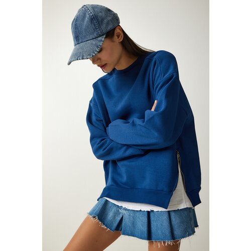 Happiness İstanbul Women's Blue Zipper Detailed Raised Knitted Sweatshirt Slike