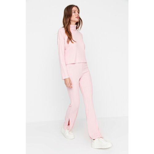 Trendyol Pink Ribbed Flare Slit Knitted Trousers Slike