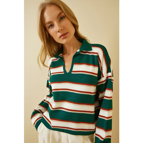 Happiness İstanbul Women's Green Polo Neck Striped Crop Knitwear Sweater