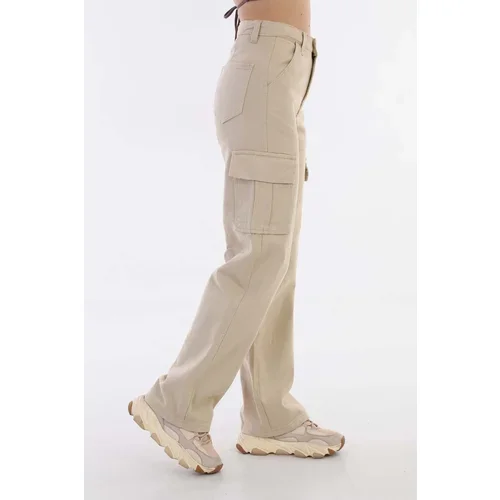 BİKELİFE Women's Beige High Waist Wide Leg Wide Leg Cargo Pants