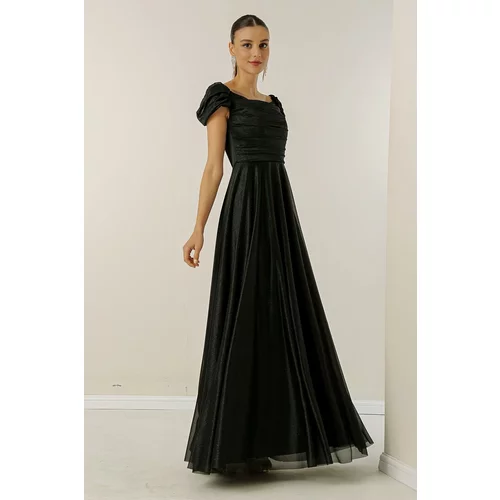 By Saygı Madonna Collar Dropped Sleeves Front Draped Long Glittery Dress