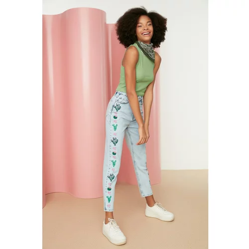 Trendyol Blue Embroidery Detailed High Waist Mom Jeans